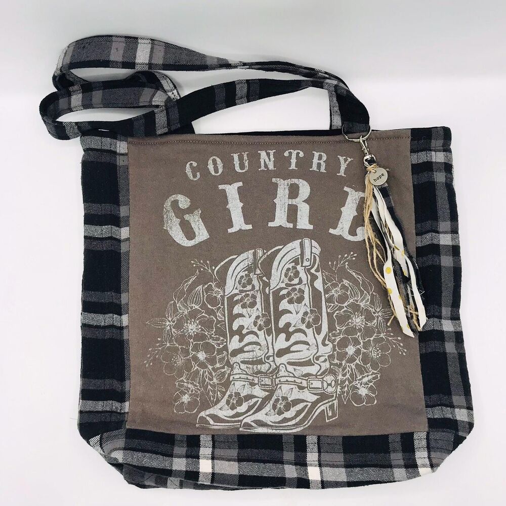 Handmade Tote Bag: Repurposed, Cowgirl, Brown, Tan, Cream, Boots, and Charm